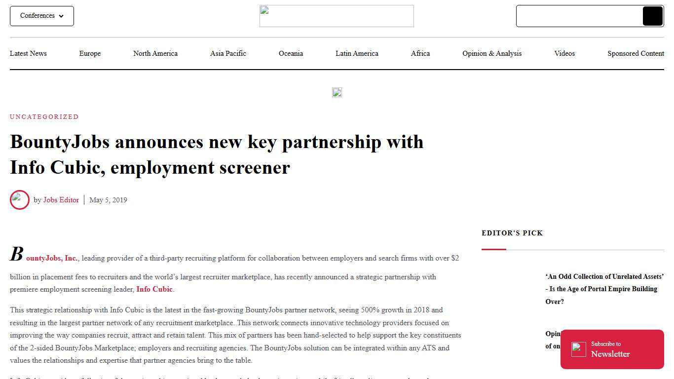 BountyJobs Announces New Key Partnership With Info Cubic, Employment Screener Online Marketplaces